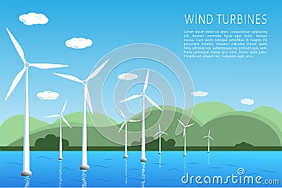 Offshore and onshore wind farms Green energy wind turbines at sea in the ocean Vector Illustration